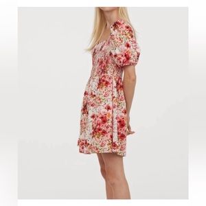 H&M | Floral Red Pink White Puff Sleeve Smock Dress